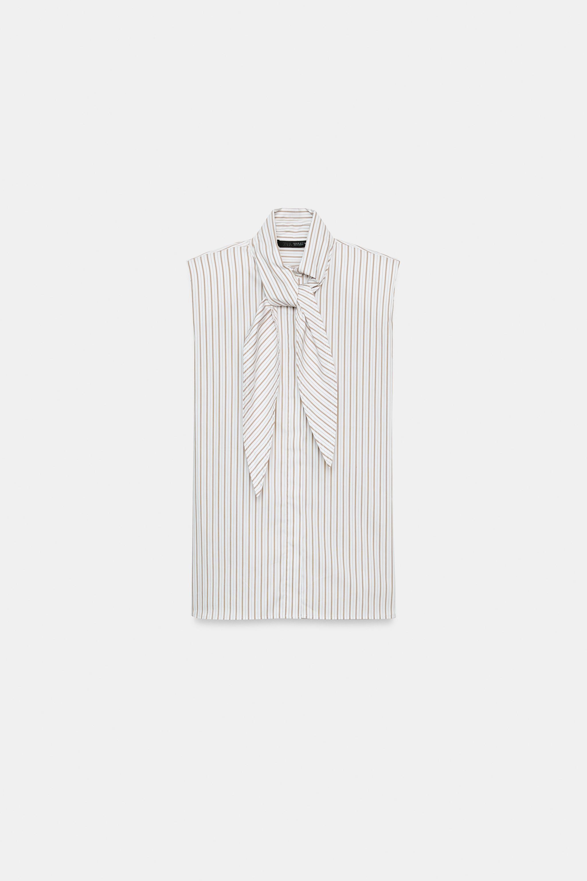 STRIPED TIE-NECK SHIRT WITH SHOULDER PADS